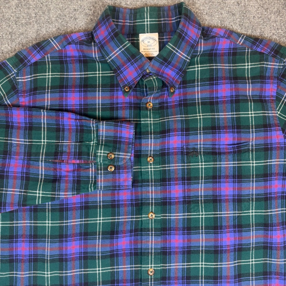 Brooks Brothers Regent Fit Plaid Flannel Shirt Mens XL Green Blue Purple Tartan